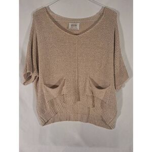 Brand Bazar Womens Tan Short Sleeve Throwback Crochet 2 Pocket‎ Top OS